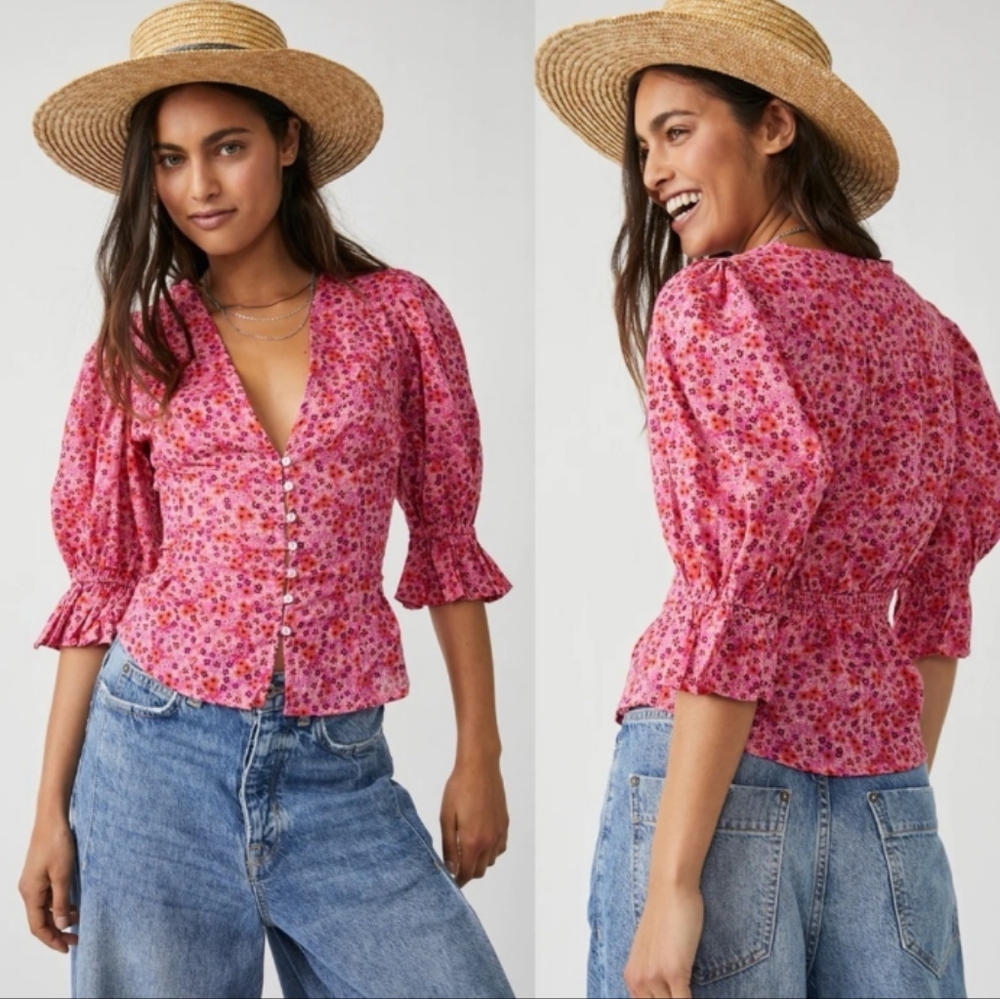 Free People Pink Floral Blouse with Button Detail - Picture 2 of 10